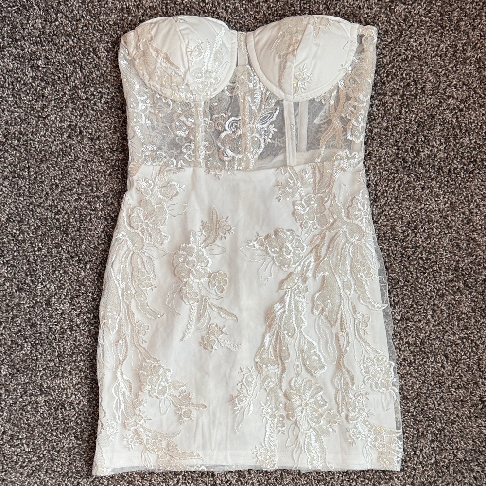 Lulus White Sequin Embroidered Strapless Mini Dress